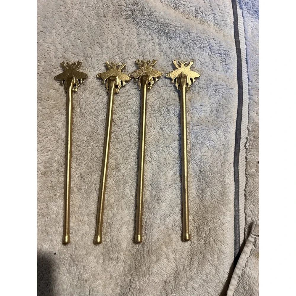 Vintage Style Gold Tone Bee Cocktail Swizzle Sticks Drink Stirrers Set of 4